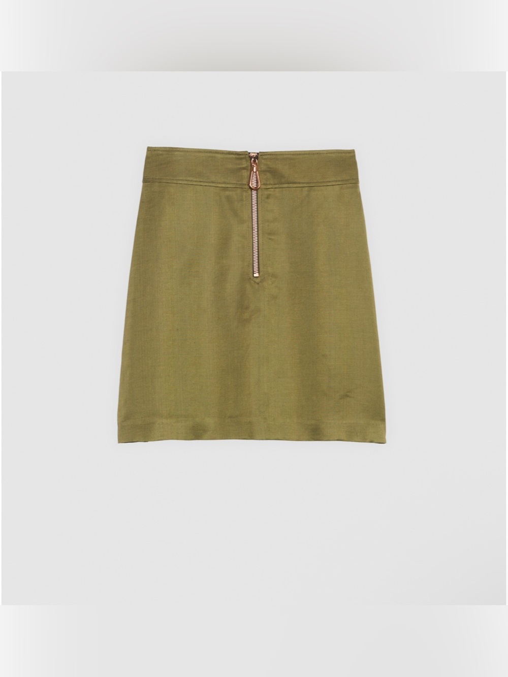 Sandro Paris Olive Green Mini Skirt with Front Rose Gold Zipper Size Small - Picture 1 of 14